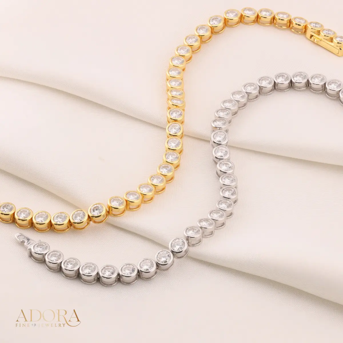 24K Yellow Gold Plated or Rhodium Plated over 925 Sterling Silver Moissanite Bezel Set Tennis Bracelet | 4.0mm | Round Cut | Bezel Set | 7.0 Inch Adora Fine Jewelry