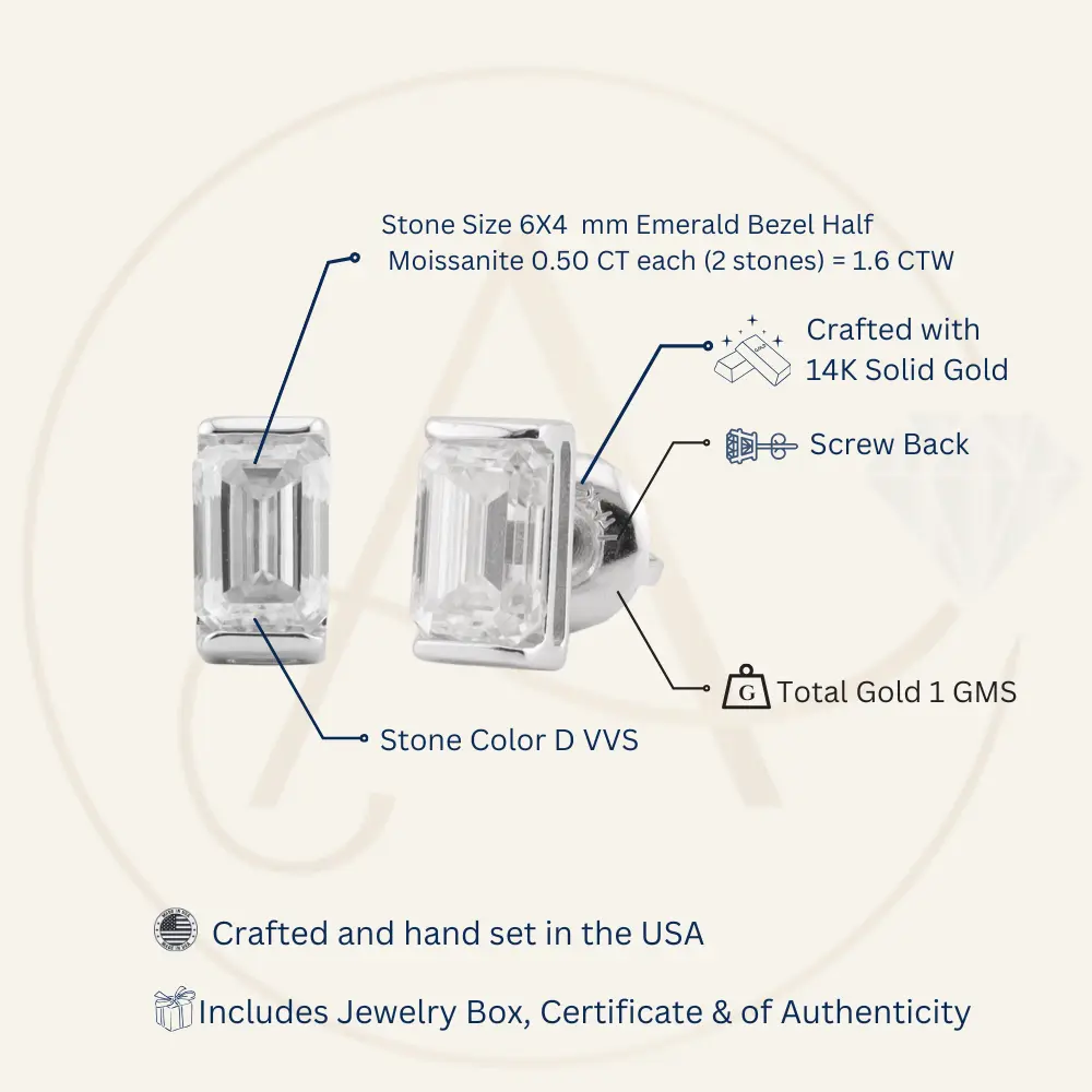 14K Solid Gold Moissanite Emerald Shape Channel Stud Earrings | 6 x 4mm | 1.6 CTW | Screw Back Posts Adora Fine Jewelry