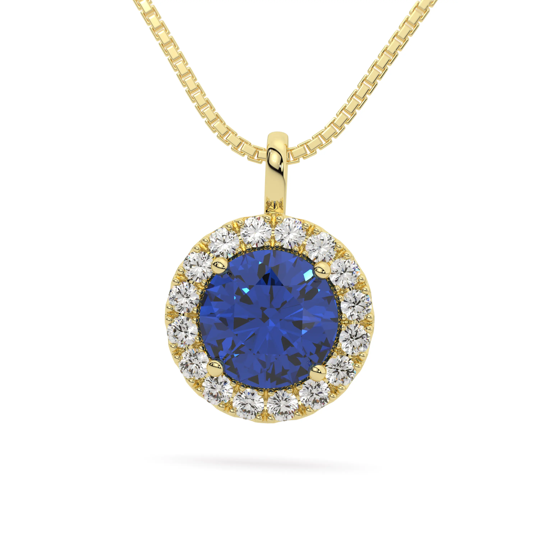 Yellow Gold Sterling Silver Blue VVS Moissanite Halo Pendant Necklace