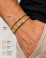Men's gold box link chain bracelet size chart, 4mm and 6mm width options, 8 inch length, worn on wrist