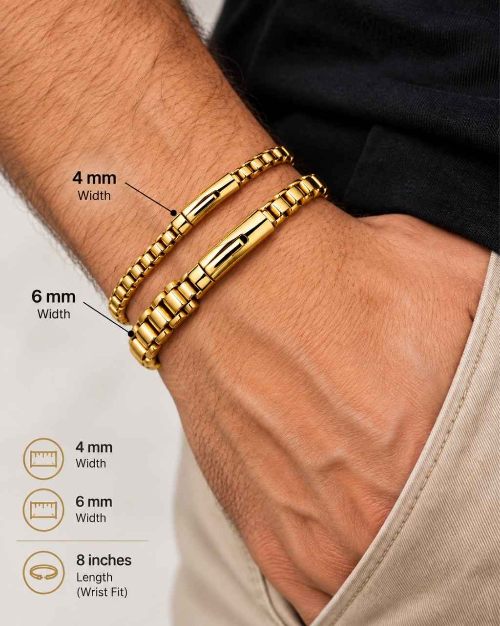 Men's gold box link chain bracelet size chart, 4mm and 6mm width options, 8 inch length, worn on wrist