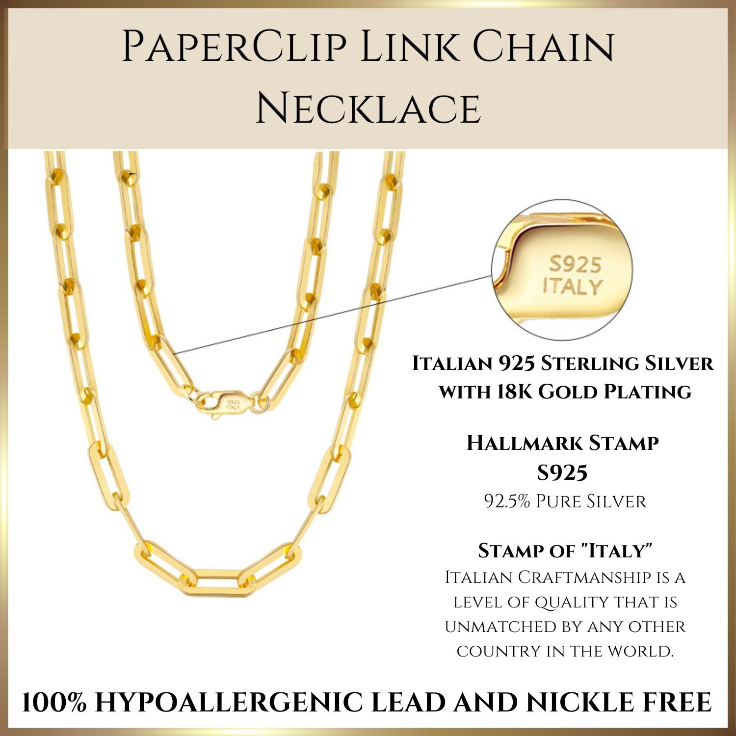 Paperclip 3.0mm Link Chain Necklace | 925 Sterling Silver or 18K Yellow Gold Plated - Adora Fine Jewelry