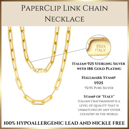 Paperclip 3.0mm Link Chain Necklace | 925 Sterling Silver or 18K Yellow Gold Plated - Adora Fine Jewelry