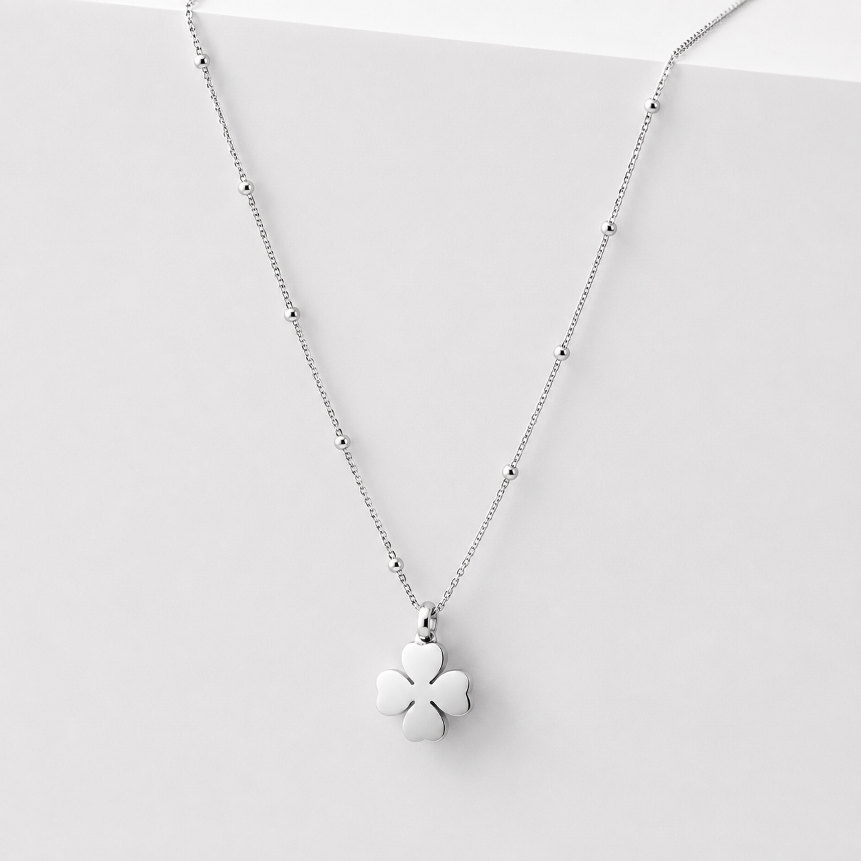 Four Leaf Clover Pendant Necklace, 14K Gold Plated or Rhodium Plated, Satellite Chain
