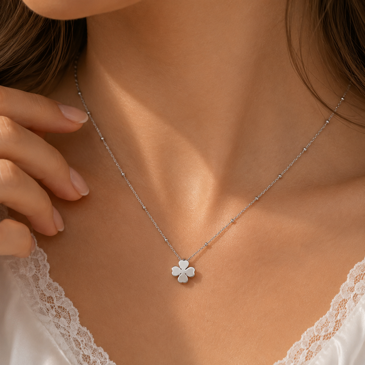 Four Leaf Clover Pendant Necklace, 14K Gold Plated or Rhodium Plated, Satellite Chain