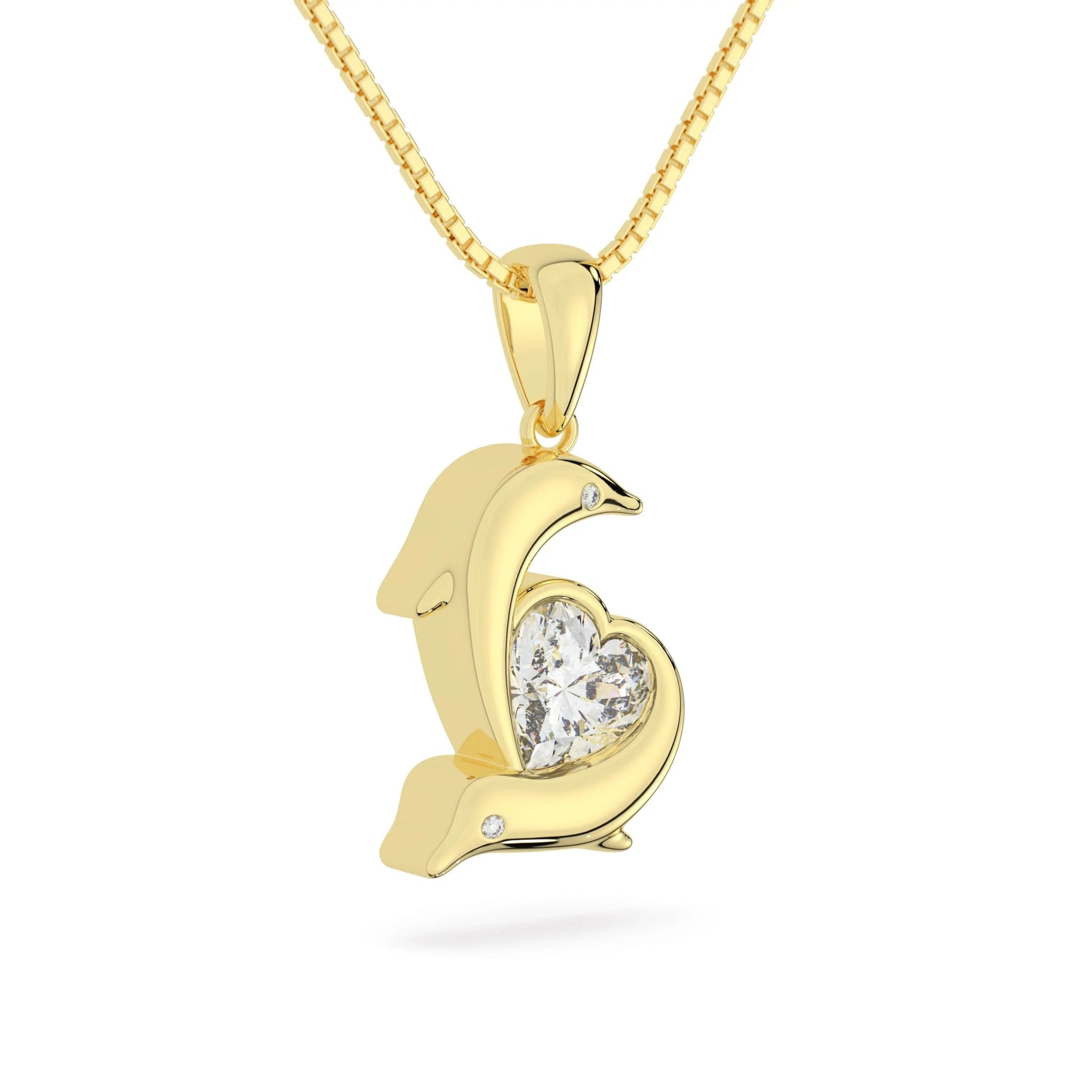 two souls one heart dolphin neckalce in yellow gold side view