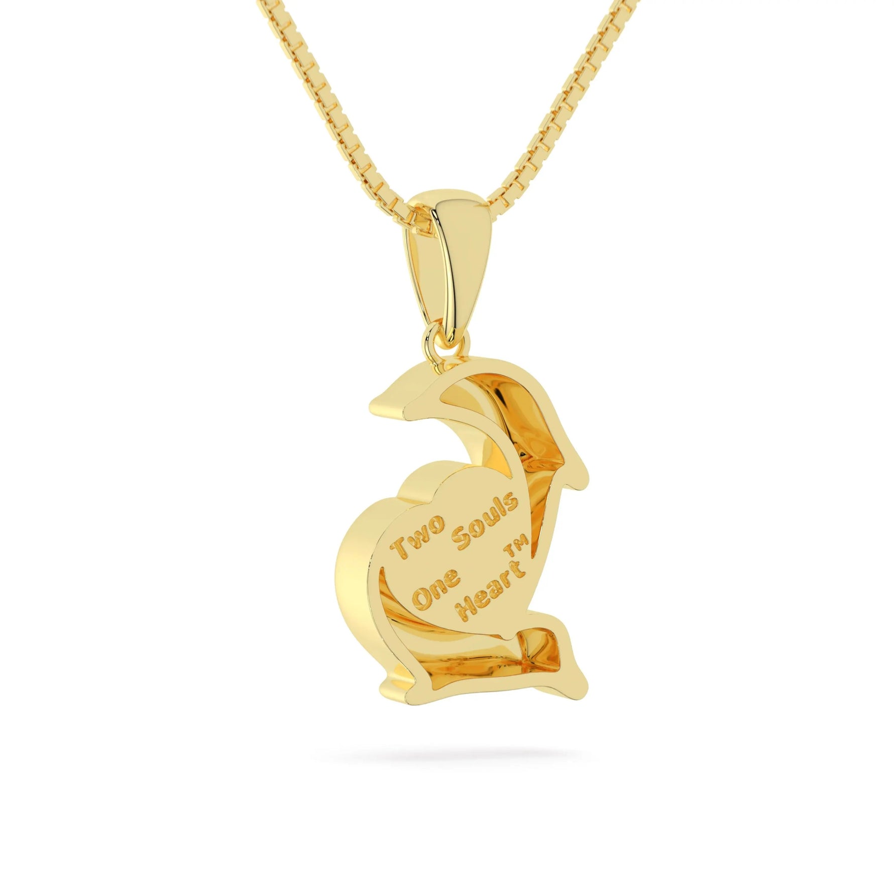 two souls one heart dolphin neckalce in yellow gold back view