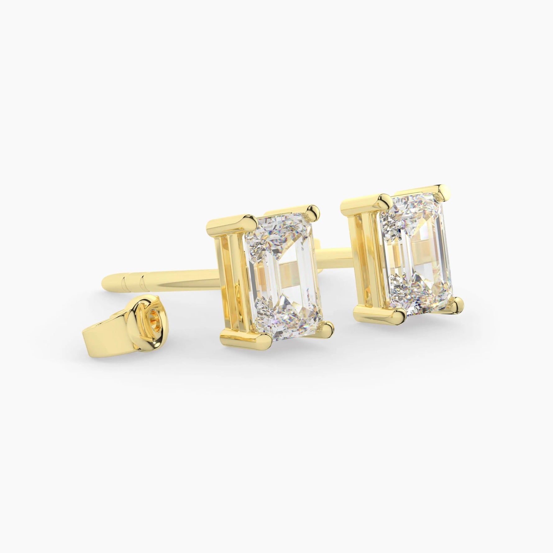 14K Yellow Gold emerald cut moissanite stud earring with push back