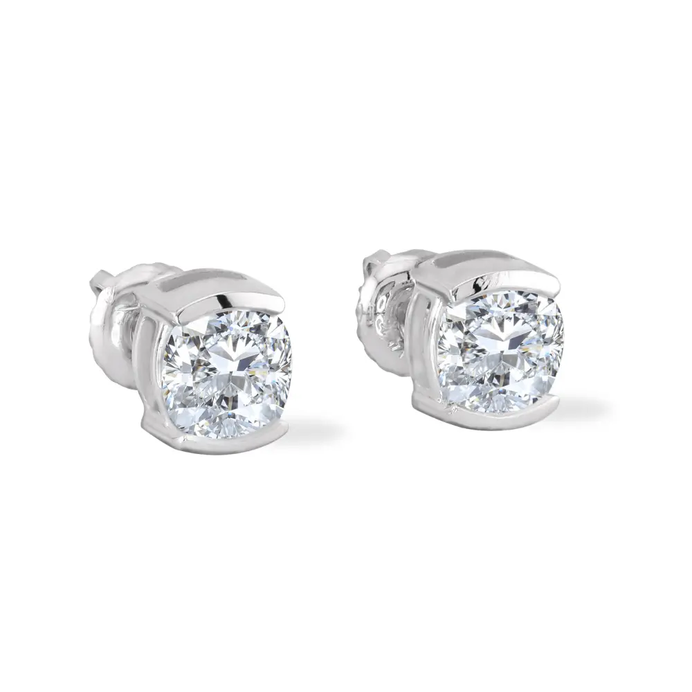 14K Solid Gold Moissanite Cushion Cut Half Bezel Stud Earrings | 5.5 x 5.5mm | 1.6 CTW | Screw Back Posts Adora Fine Jewelry