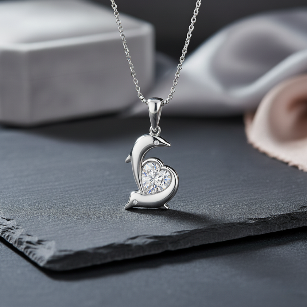 Silver pendant necklace with heart design on a dark surface