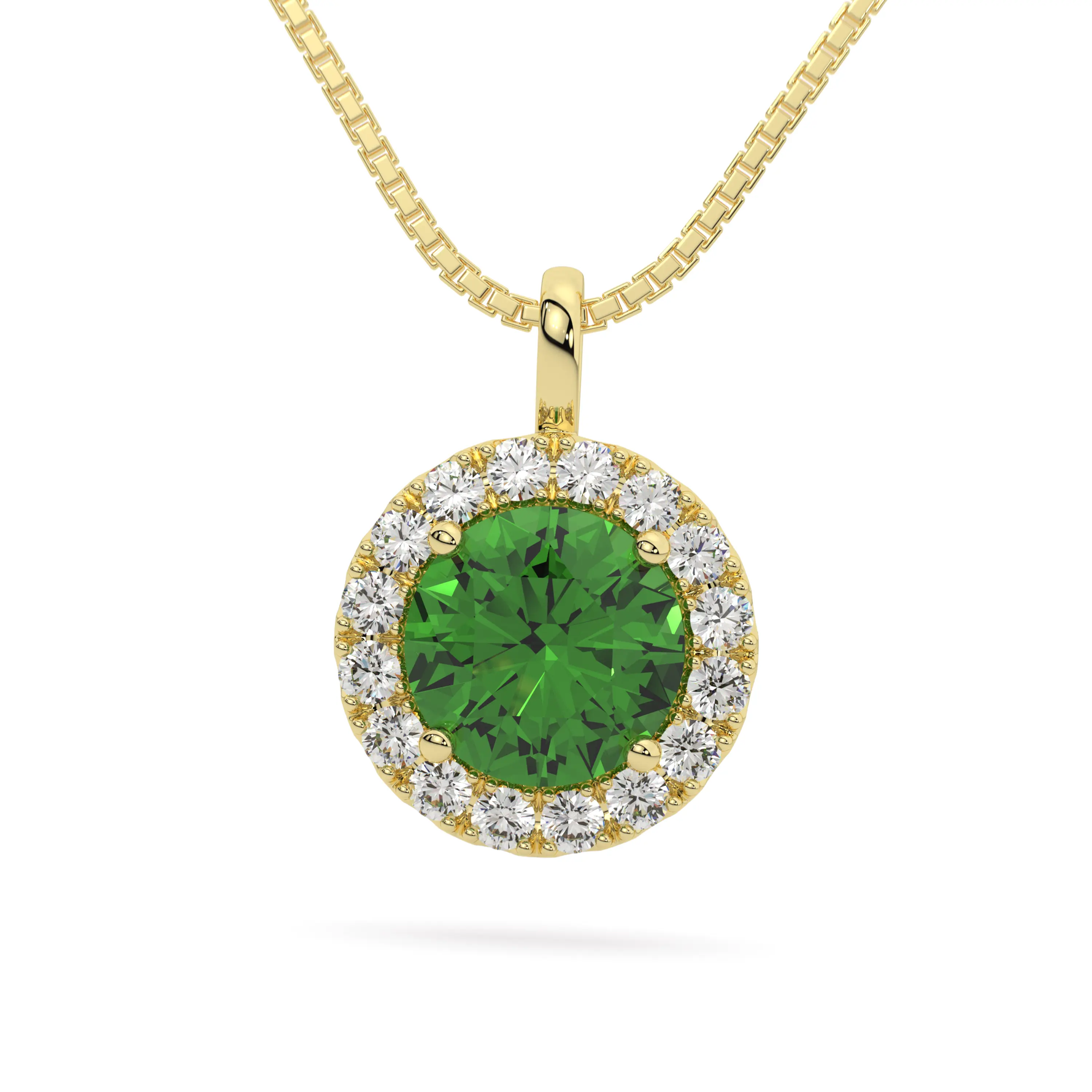 Yellow Gold Sterling Silver Green VVS Moissanite Halo Pendant Necklace