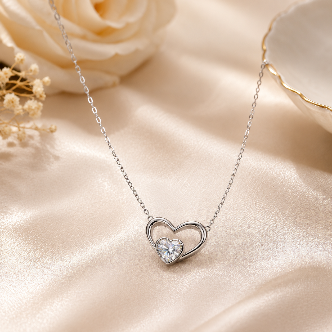 Heart in Heart Pendant Necklace, Heart Cut Moissanite, 1 CTW, 14K Gold Plated or Rhodium, 925 Silver