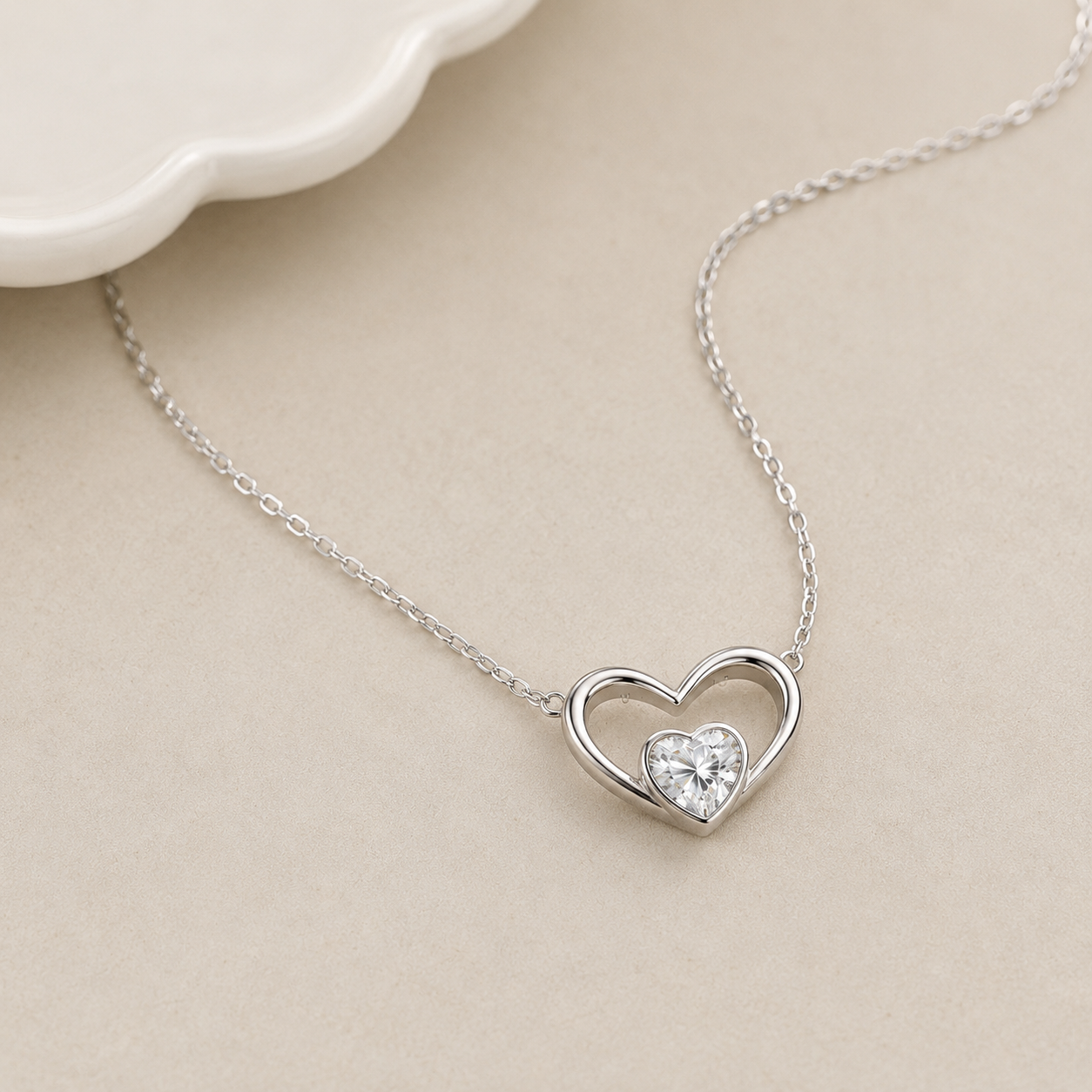 Heart in Heart Pendant Necklace, Heart Cut Moissanite, 1 CTW, 14K Gold Plated or Rhodium, 925 Silver