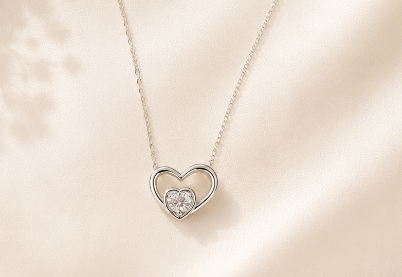 Heart in Heart Pendant Necklace, Heart Cut Moissanite, 1 CTW, 14K Gold Plated or Rhodium, 925 Silver