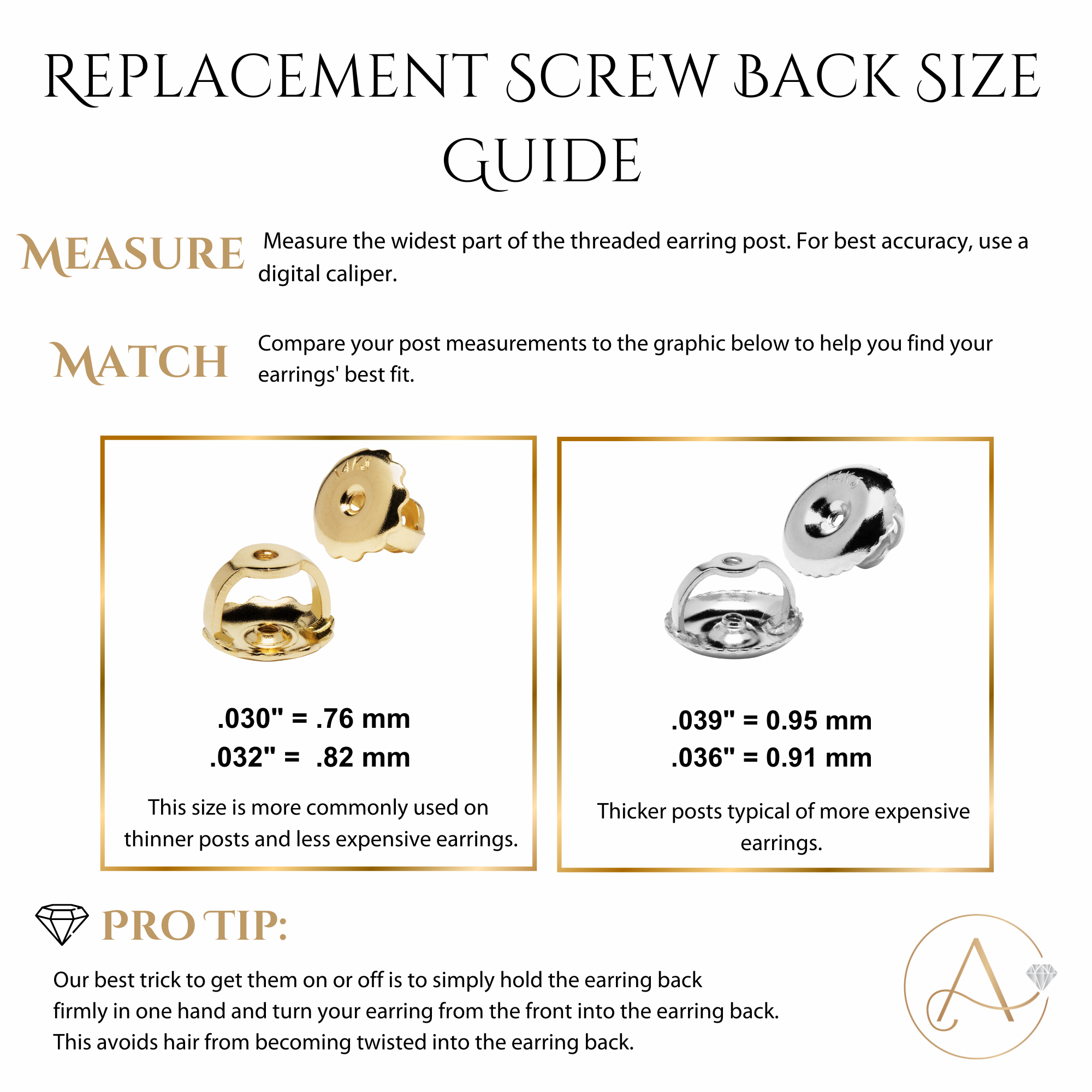 Single Earring Back Replacement |14k Solid White Gold | Threaded Screw on Screw Off |Quality Die Struck | Post Size .032 inch | 1 Piece | Everyday