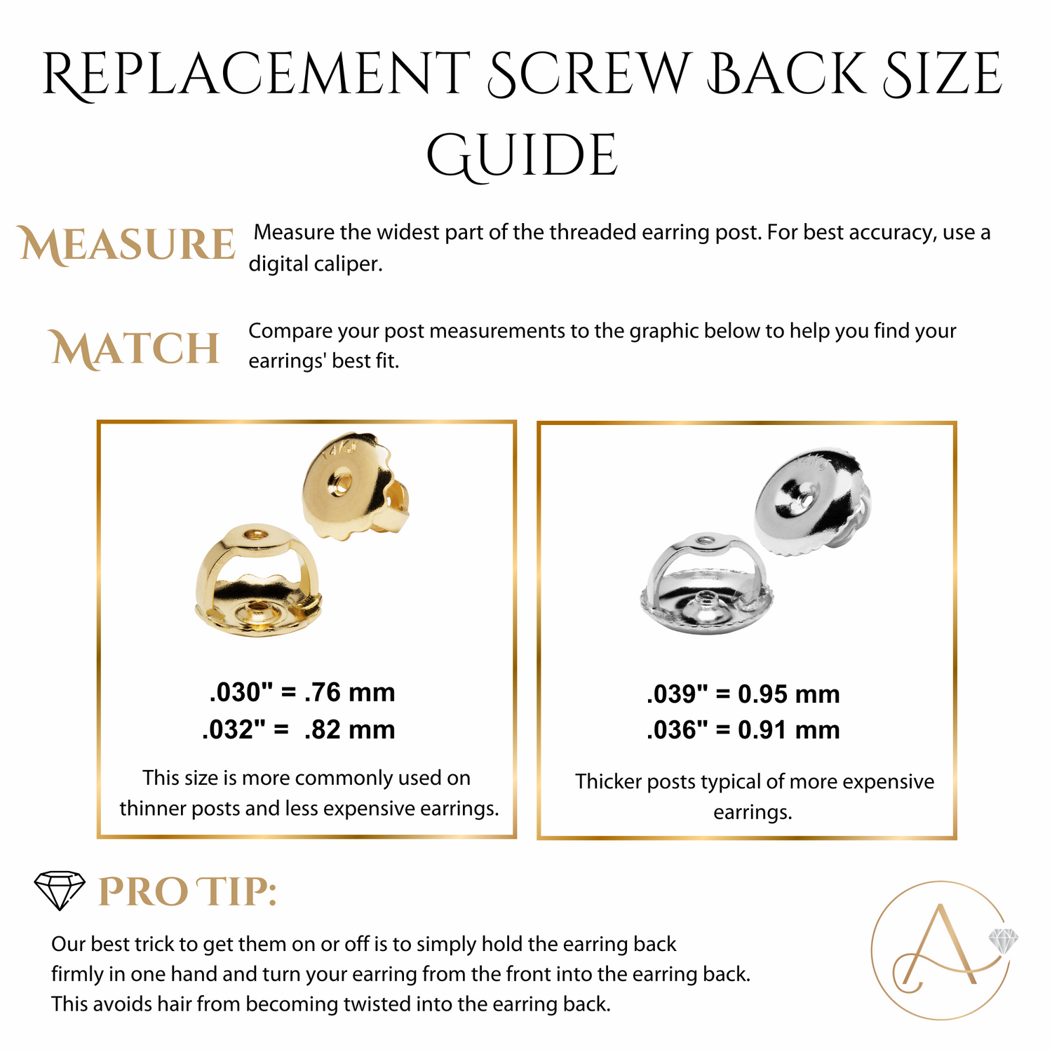 Earring Back Replacements | Threaded Screw On Screw Off | .030", .032", .036" and .039" | 14K Solid White or Yellow Gold - Adora Fine Jewelry