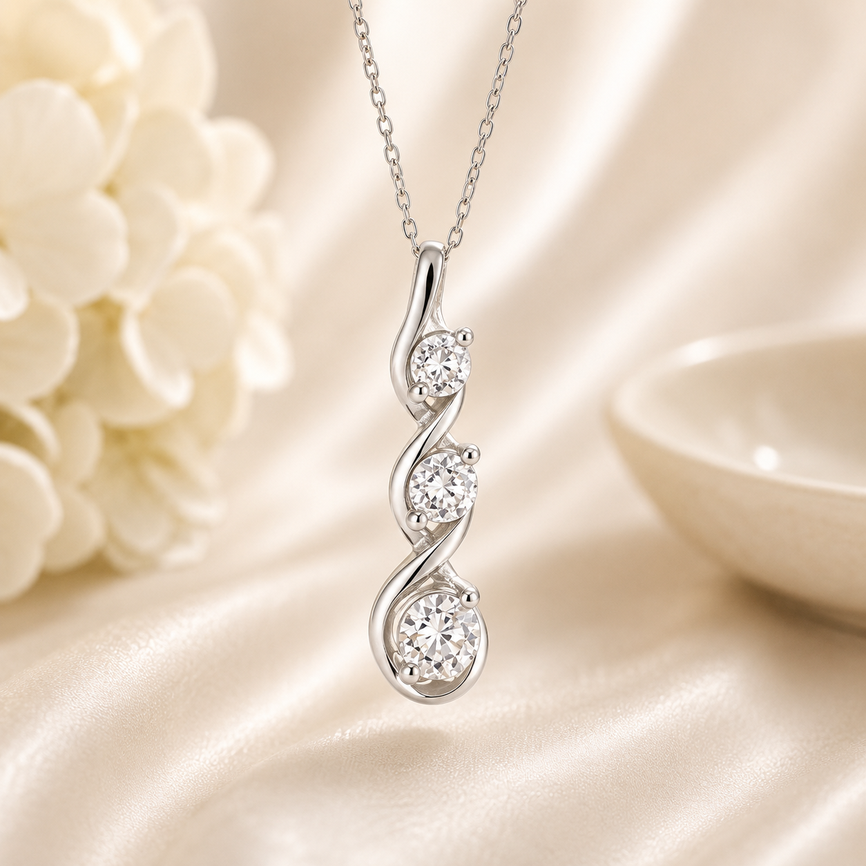 Journey Pendant Necklace, 3-Stone Round Moissanite, 0.75 CTW, 14K Gold Plated or Rhodium, 925 Silver