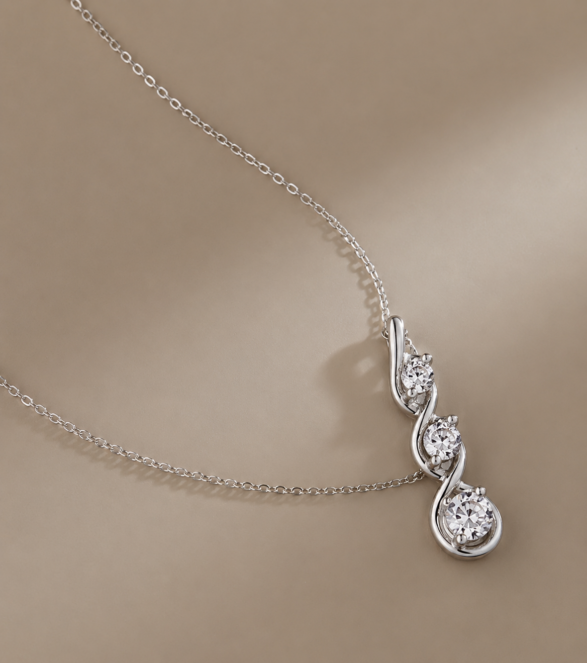 Journey Pendant Necklace, 3-Stone Round Moissanite, 0.75 CTW, 14K Gold Plated or Rhodium, 925 Silver