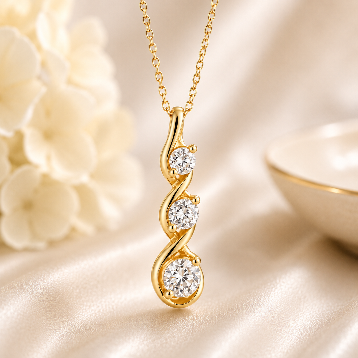 Journey Pendant Necklace, 3-Stone Round Moissanite, 0.75 CTW, 14K Gold Plated or Rhodium, 925 Silver