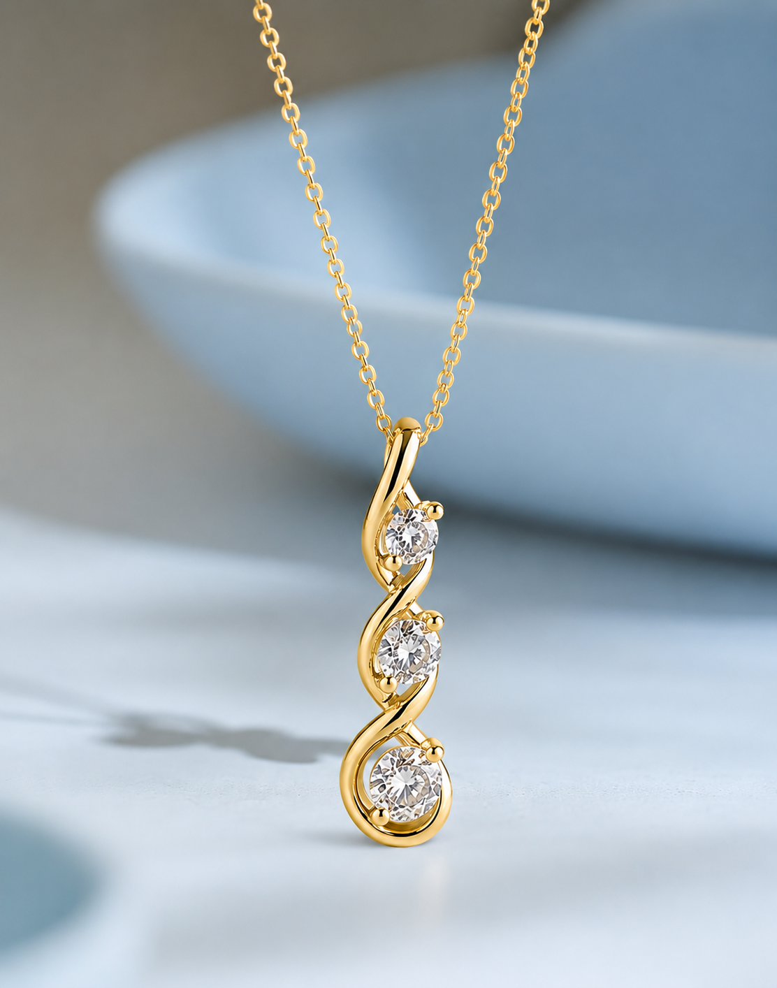 Journey Pendant Necklace, 3-Stone Round Moissanite, 0.75 CTW, 14K Gold Plated or Rhodium, 925 Silver
