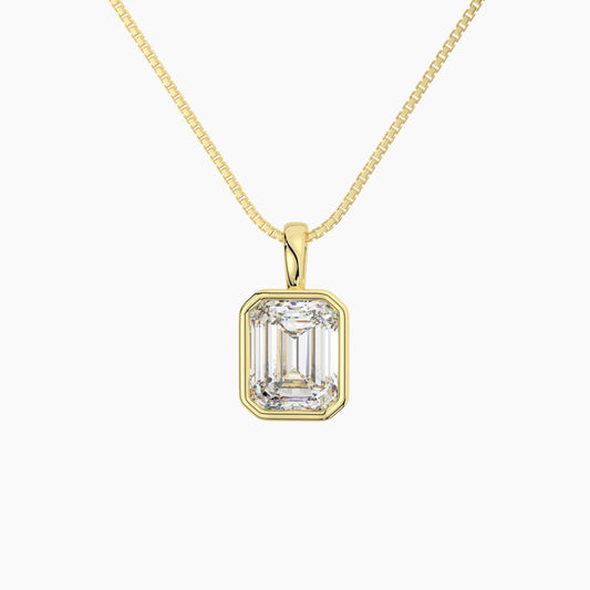 14K Yellow Gold Moissanite Emerald Cut Bezel Pendant Necklace |  1.10 or 4.0 CTW | 16 or 18 Inch .80mm Box Link
