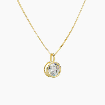 14K Yellow Gold Moissanite Round Cut Bezel Pendant Necklace | 1.0 CTW or 2.0 CTW  | 16 or 18 Inch .80mm Box Link
