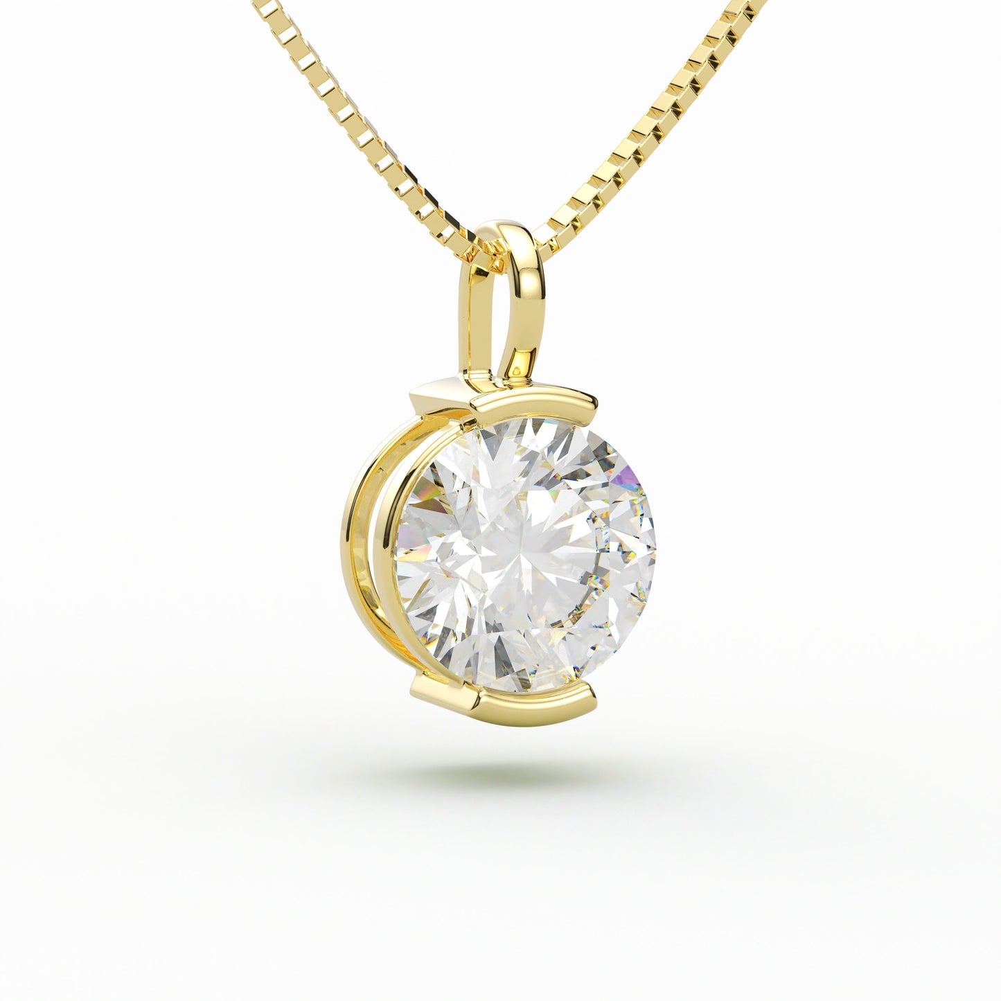 14K Yellow Gold Moissanite Round Cut Half Bezel Pendant Necklace | 2.0 CTW | 16 or 18 Inch .80mm Box Link
