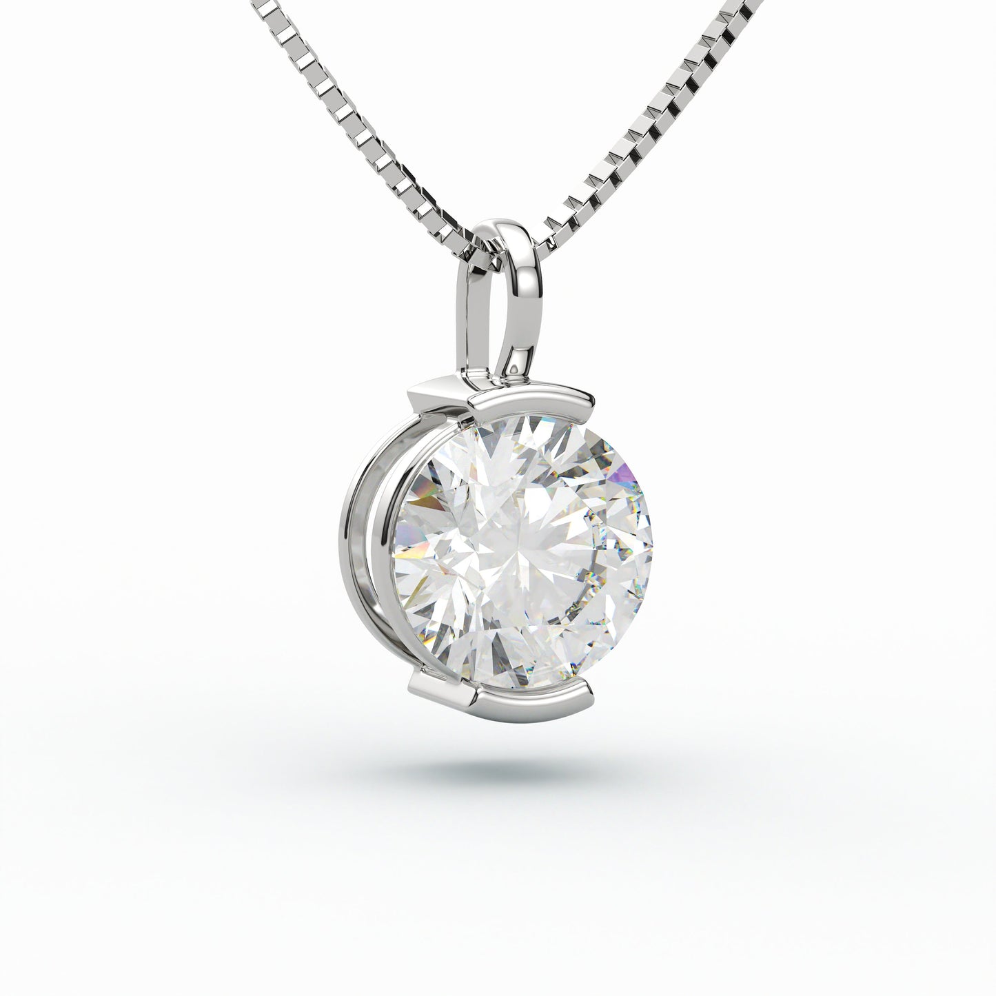 14K White Gold Moissanite Round Cut Half Bezel Pendant Necklace | 2.0 CTW | 16 or 18 Inch .80mm Box Link
