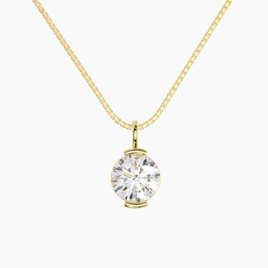 14K Yellow Gold Moissanite Round Cut Half Bezel Pendant Necklace | 2.0 CTW | 16 or 18 Inch .80mm Box Link
