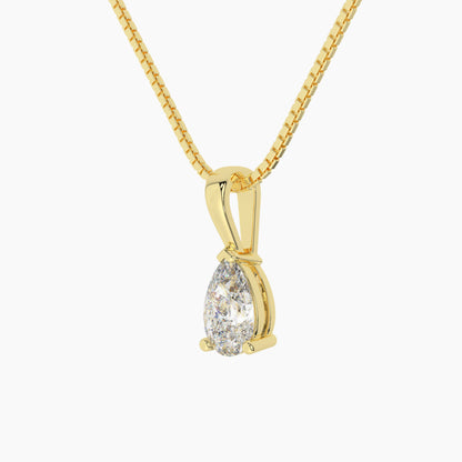14K Yellow Gold Moissanite Pear Shaped Pendant Necklace | 3-Prong |  1.0 CTW or 2.0 CTW  | 16 or 18 Inch .80mm Box Link