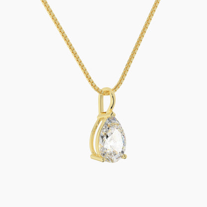 14K Yellow Gold Moissanite Pear Shaped Pendant Necklace | 3-Prong |  1.0 CTW or 2.0 CTW  | 16 or 18 Inch .80mm Box Link