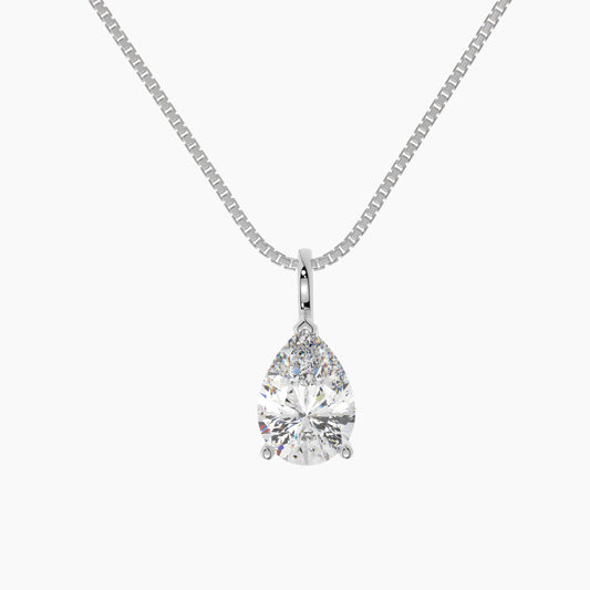 14K White Gold Moissanite Pear Shaped Pendant Necklace | 3-Prong |  1.0 CTW or 2.0 CTW  | 16 or 18 Inch .80mm Box Link