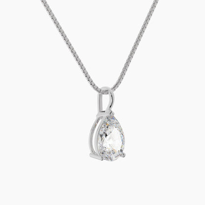 14K White Gold Moissanite Pear Shaped Pendant Necklace | 3-Prong |  1.0 CTW or 2.0 CTW  | 16 or 18 Inch .80mm Box Link