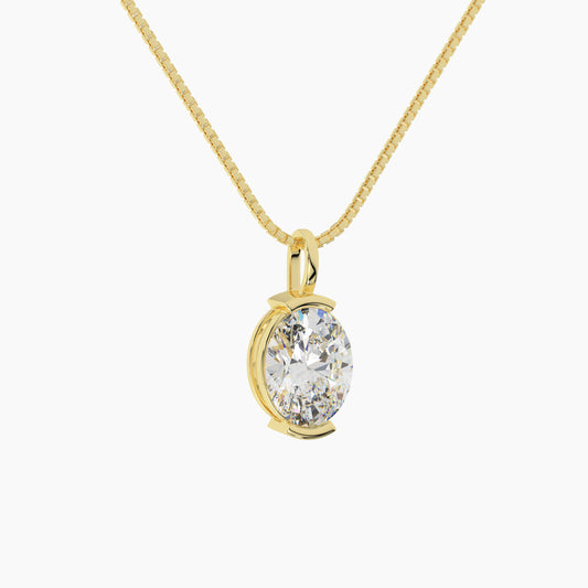 14K Yellow Gold Moissanite Oval Shape Half Bezel Pendant Necklace | 9x7mm | 2.0 CTW | 16 or 18 Inch .80mm Box Link