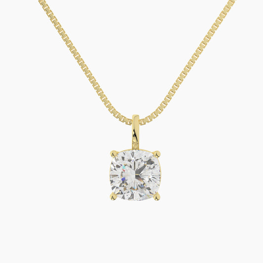 14K Yellow Gold Moissanite Cushion Shape Pendant Necklace | 7x7mm | 2.0 CTW | 16 or 18 Inch .80mm Box Link