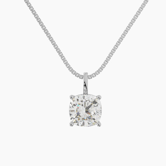 14K White Gold Moissanite Cushion Shape Pendant Necklace | 7x7mm | 2.0 CTW | 16 or 18 Inch .80mm Box Link