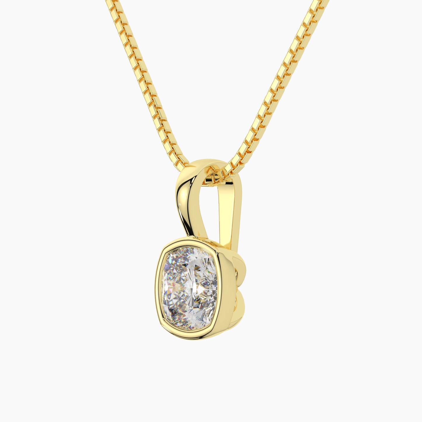 14K Yellow Gold Moissanite Cushion Cut Bezel Pendant Necklace | 6x6mm | 1.0 CTW | 16 or 18 Inch .80mm Box Link