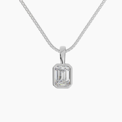 14K White Gold Moissanite Emerald Cut Bezel Pendant Necklace |  1.10 or 4.0 CTW | 16 or 18 Inch .80mm Box Link