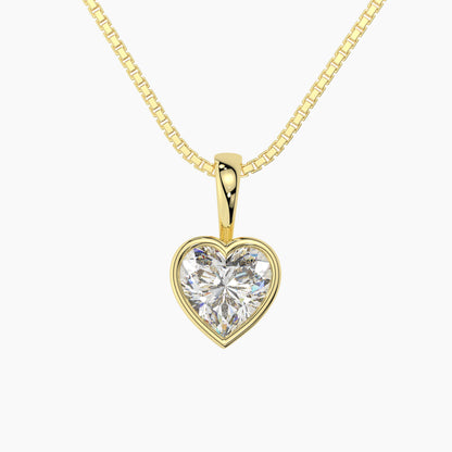 14K Yellow Gold Moissanite Heart Cut Bezel Pendant Necklace | 7x7mm | 1.10 CTW | 18 Inch .80mm Box Link