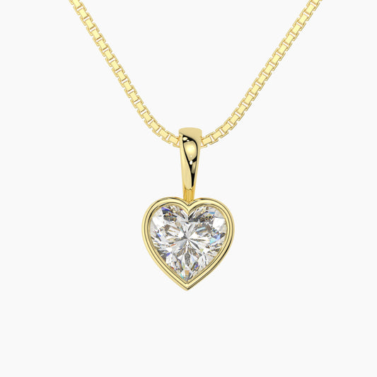 14K Yellow Gold Moissanite Heart Cut Bezel Pendant Necklace | 7x7mm | 1.10 CTW | 18 Inch .80mm Box Link