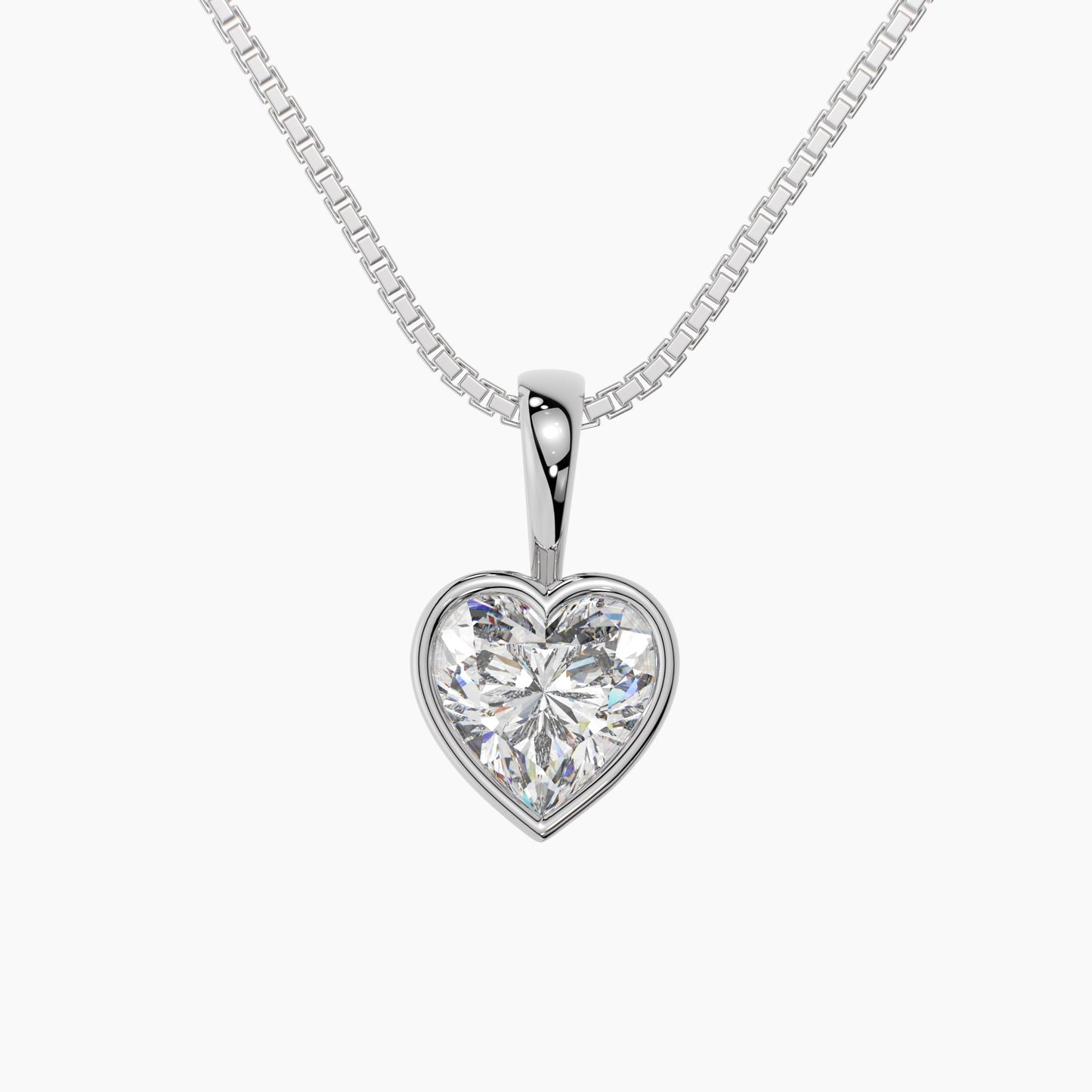 14K White Gold Moissanite Heart Cut Bezel Pendant Necklace | 7x7mm | 1.10 CTW | 16 Inch .80mm Box Link