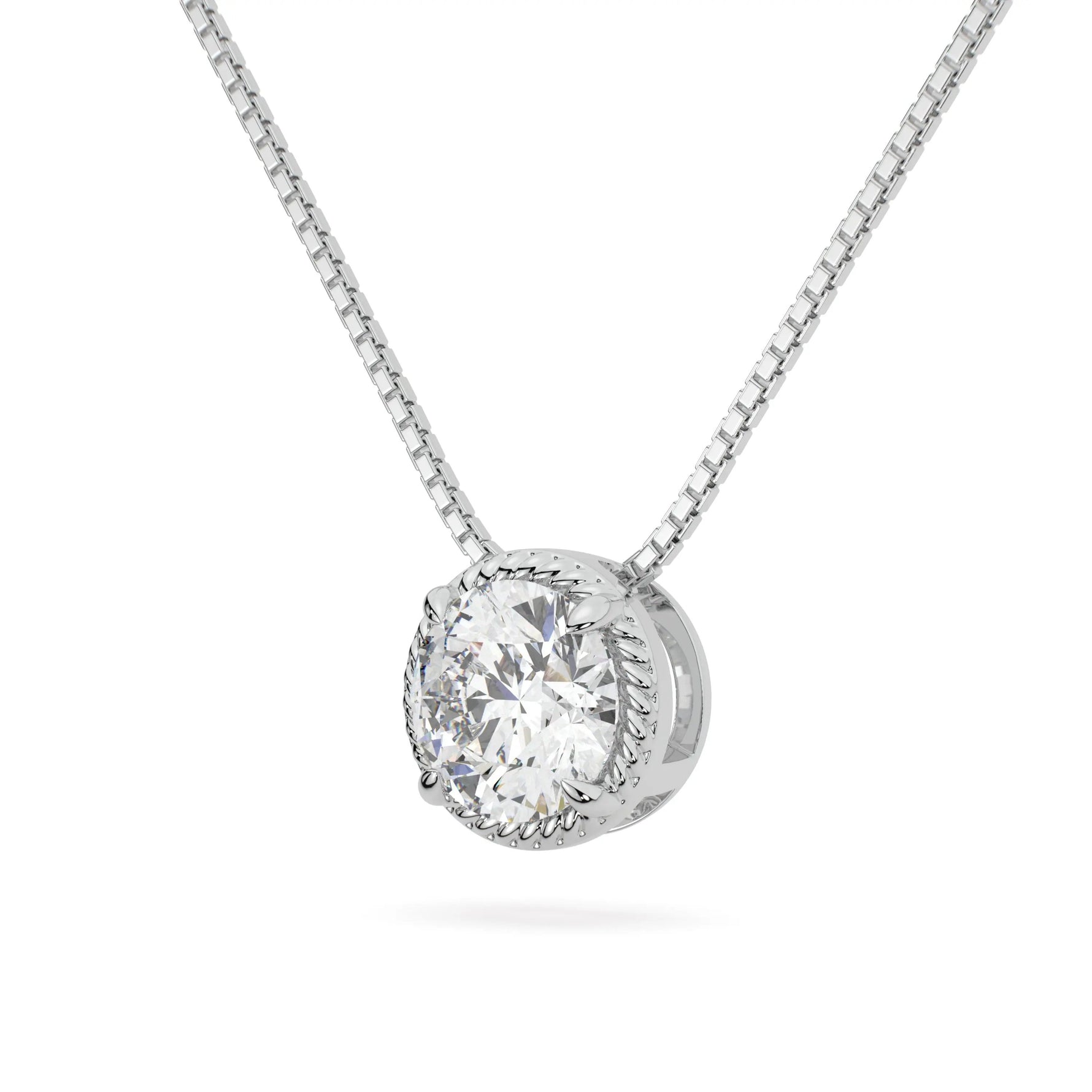 14k White gold round rope bezel slider moissanite pendant necklace side view, adora fine jewelry