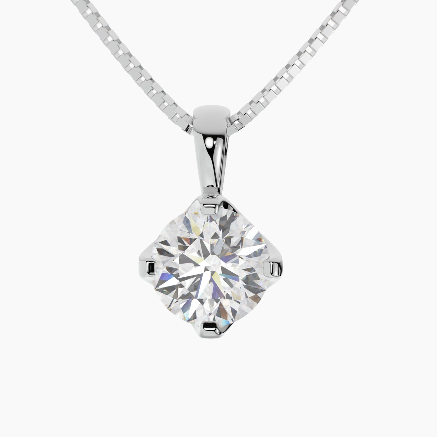 14K White Gold Moissanite Round Cut Pendant Necklace | U-Shape Setting | 7.0mm | 1.25 CTW | 16 Inch or 18 .80mm Box Link
