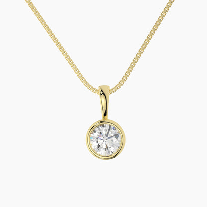 14K Yellow Gold Moissanite Round Cut Bezel Pendant Necklace | 1.0 CTW or 2.0 CTW  | 16 or 18 Inch .80mm Box Link
