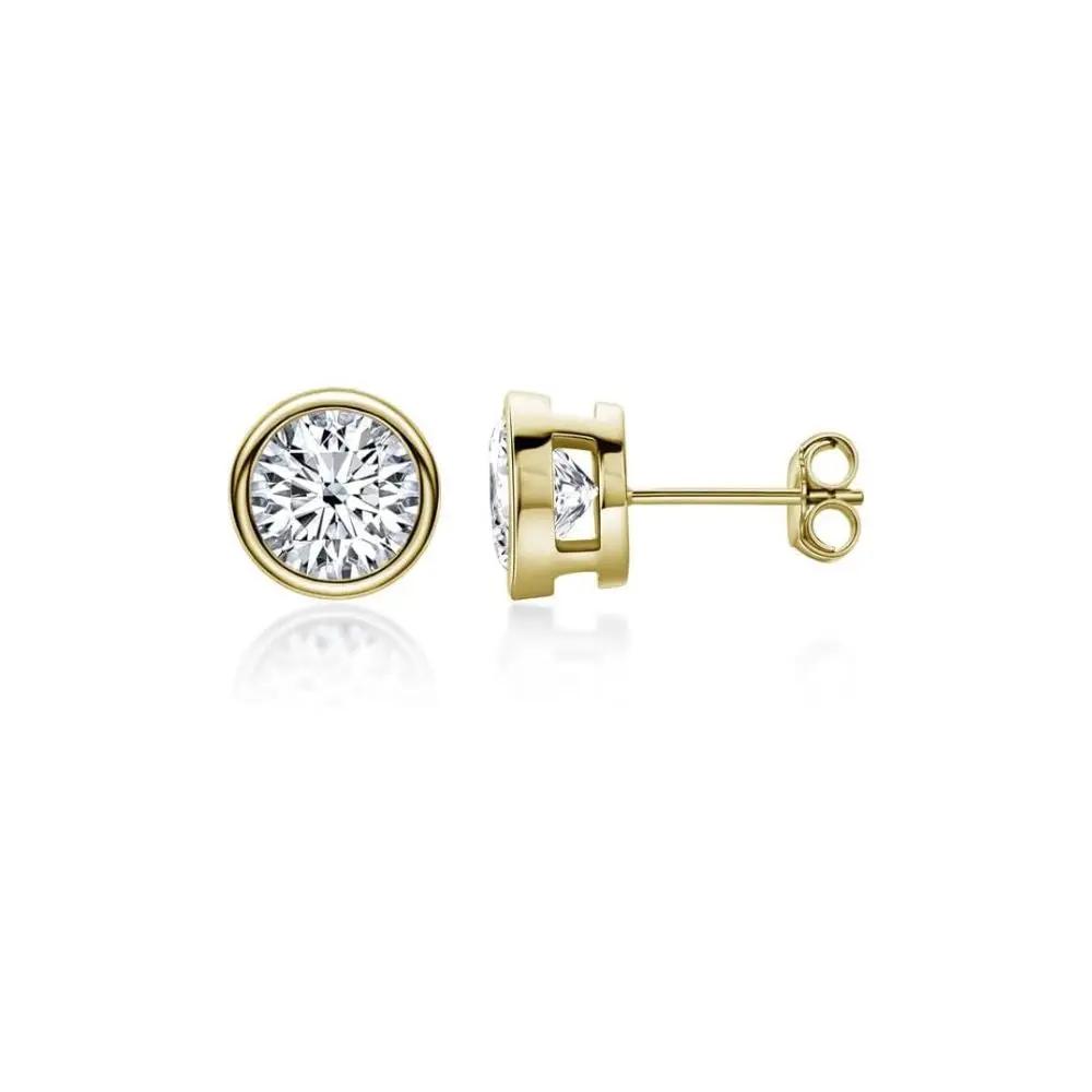 14K Yellow Gold Plated or Rhodium Plated over Sterling Silver Moissante Round Cut Bezel Stud Earring | 5.0 mm | 1.0 CTW | Push Back Post Adora Fine Jewelry