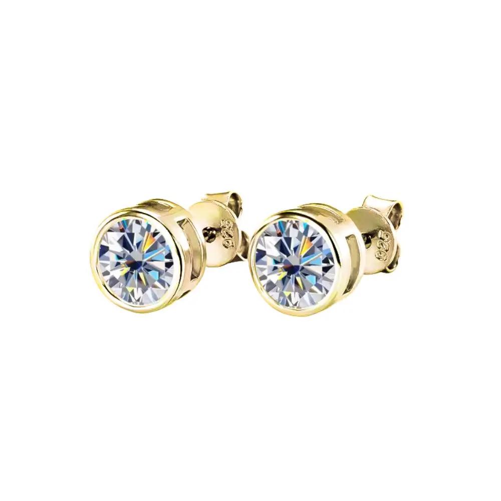 14K Yellow Gold Plated or Rhodium Plated over Sterling Silver Moissante Round Cut Bezel Stud Earring | 5.0 mm | 1.0 CTW | Push Back Post Adora Fine Jewelry