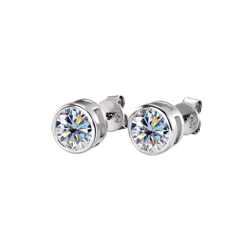 14K Yellow Gold Plated or Rhodium Plated over Sterling Silver Moissante Round Cut Bezel Stud Earring | 5.0 mm | 1.0 CTW | Push Back Post Adora Fine Jewelry