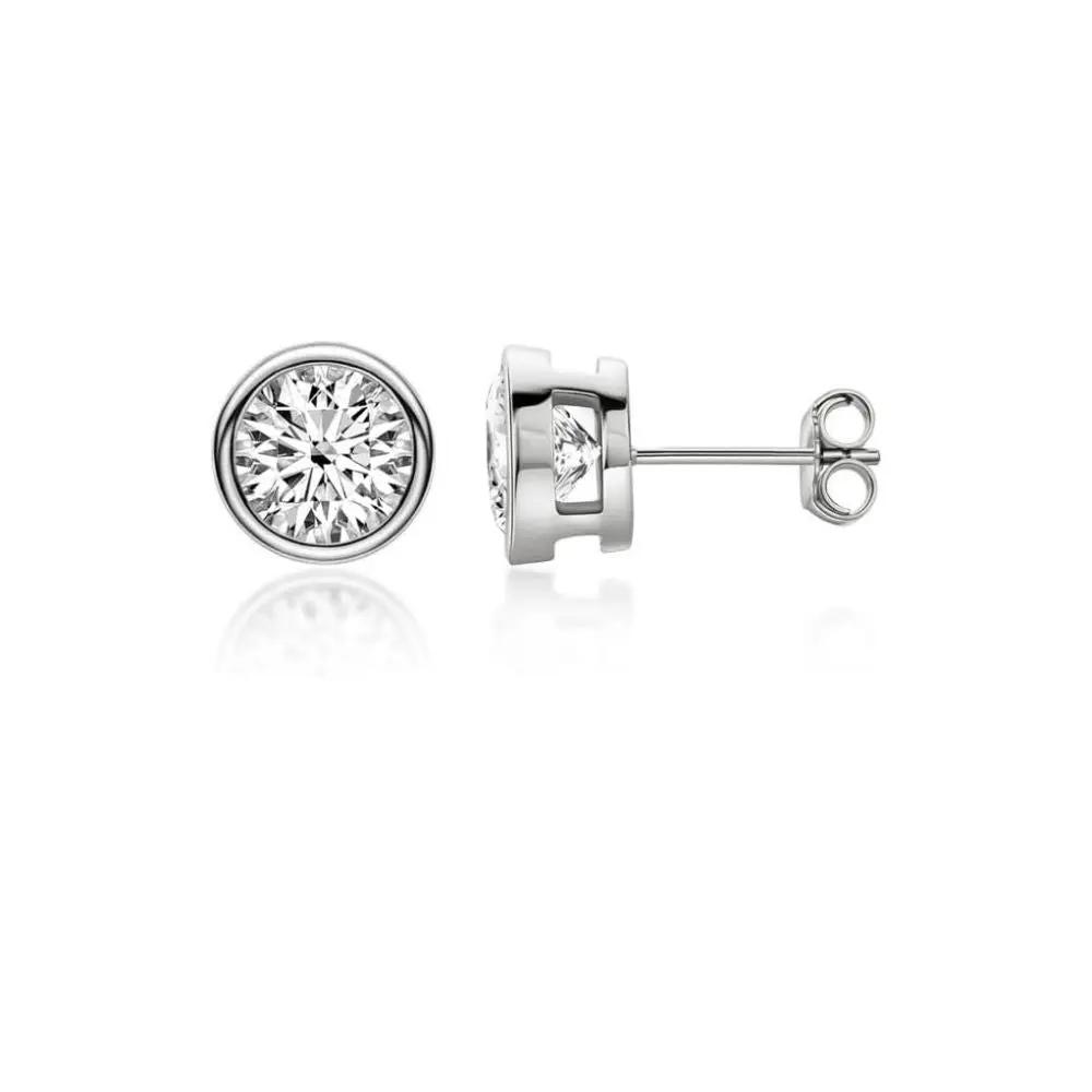 14K Yellow Gold Plated or Rhodium Plated over Sterling Silver Moissante Round Cut Bezel Stud Earring | 5.0 mm | 1.0 CTW | Push Back Post Adora Fine Jewelry