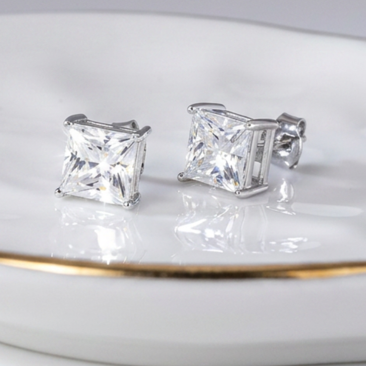 3 ctw Princess Cut Moissanite Stud Earrings | 6.5 mm | Push Back | Diamond Alternative | Rhodium or 18K Gold Plated Sterling Silver