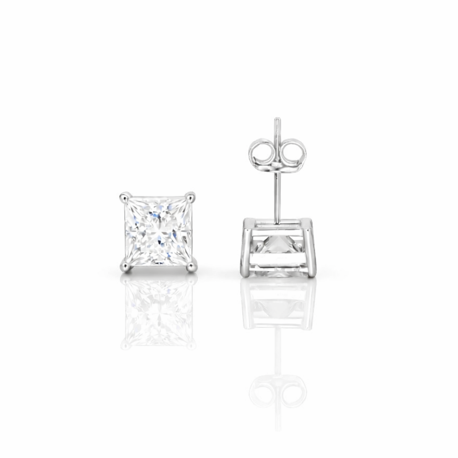 3 ctw Princess Cut Moissanite Stud Earrings | 6.5 mm | Push Back | Diamond Alternative | Rhodium or 18K Gold Plated Sterling Silver